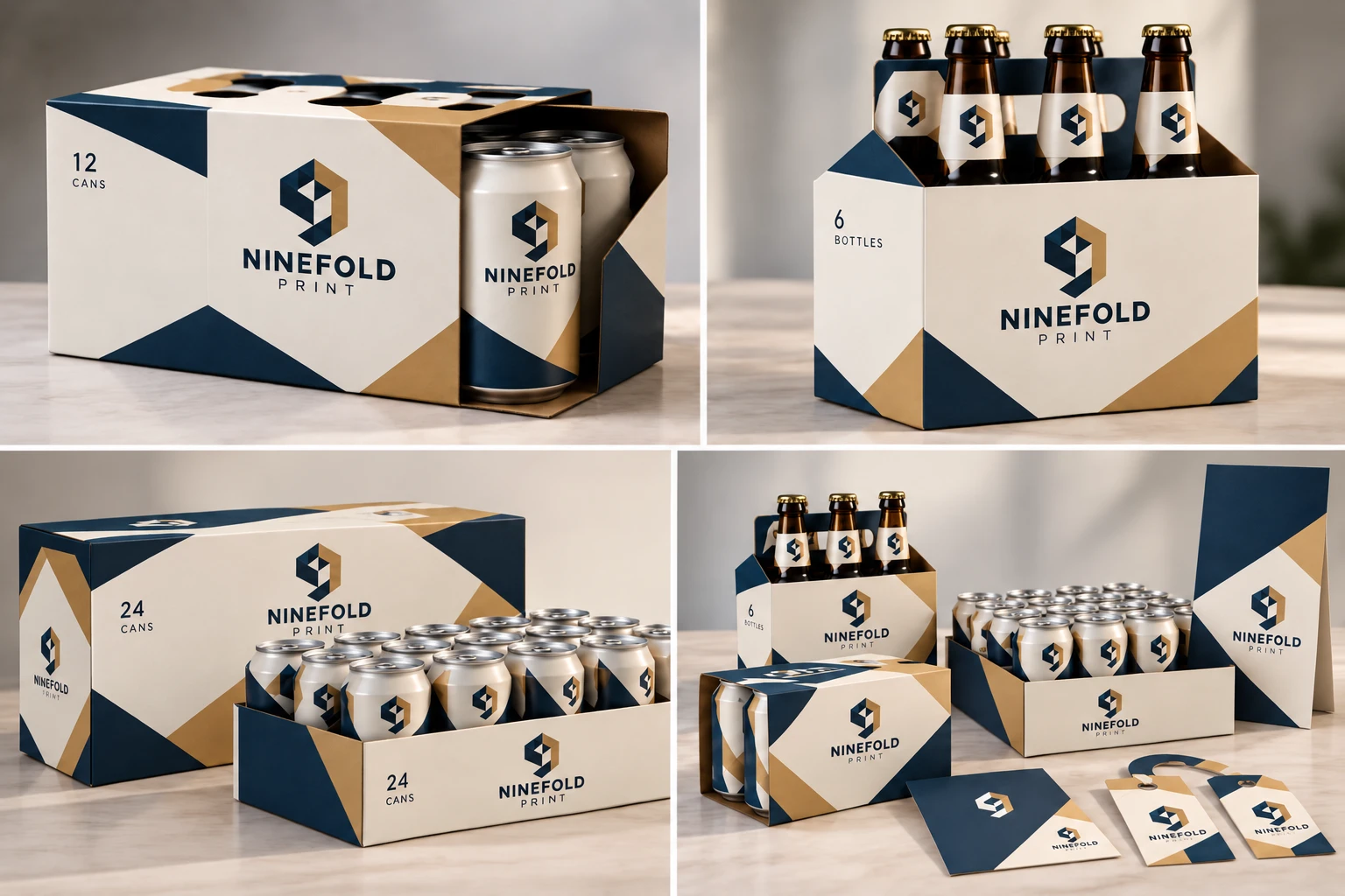 Four beverage packaging formats in navy, cream and gold: a 12 can paperboard carton, a 6 bottle basket carrier, a 24 can carton with a tray, and a launch set with a carton, carrier, tray, shelf card and neck hangers