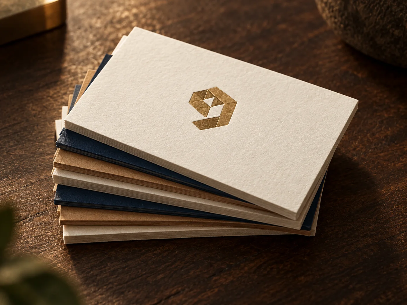 A fanned stack of thick business cards in cream, navy and kraft stocks, the top card carrying a gold foil mark, edges showing the board caliper