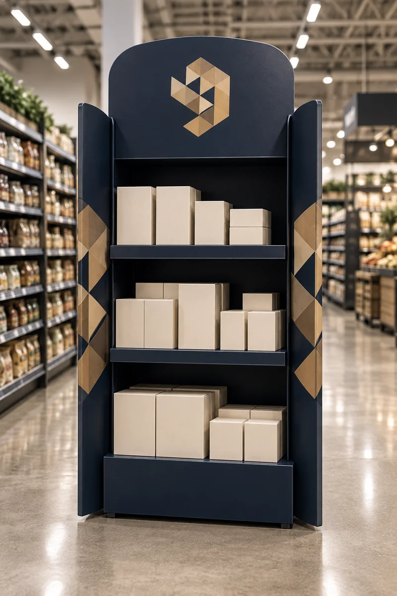 A retail end cap display built from printed navy styrene panels, curved header card with a gold mark, die cut side wings and three shelves of plain cartons, in a supermarket aisle