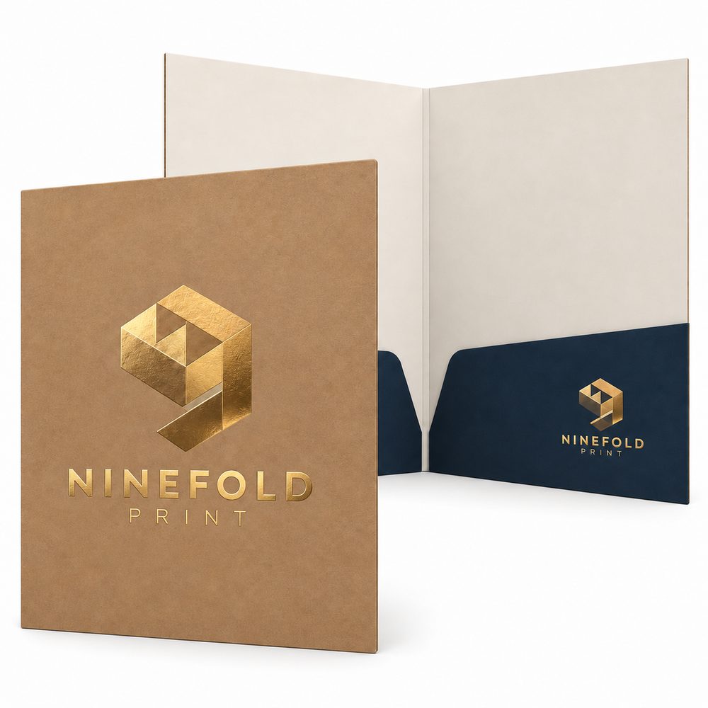 The same presentation folder with the mark stamped in gold foil