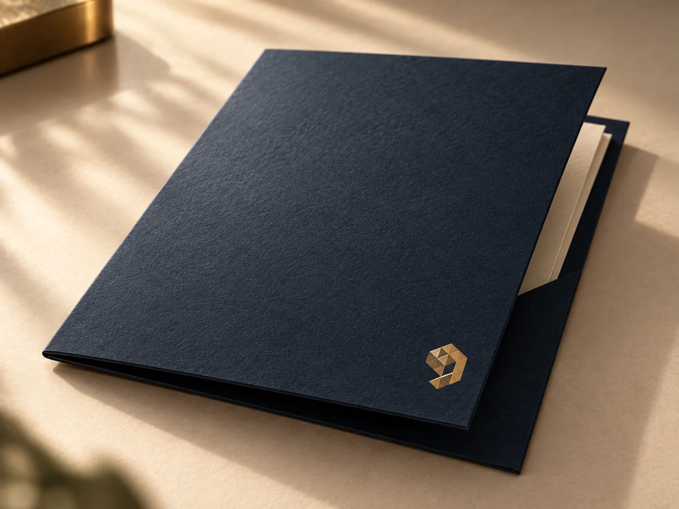 A navy uncoated presentation folder at an angle, small gold foil mark in the lower corner, cream sheets visible in the pocket, window light raking across the board texture