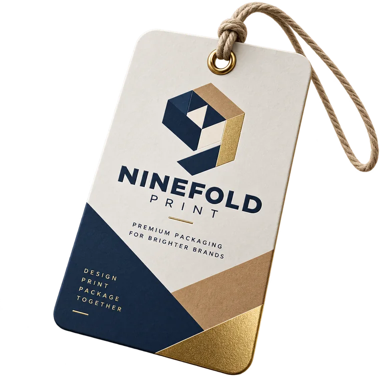 Hang tag printed in navy and cream with a gold foil corner and brass eyelet