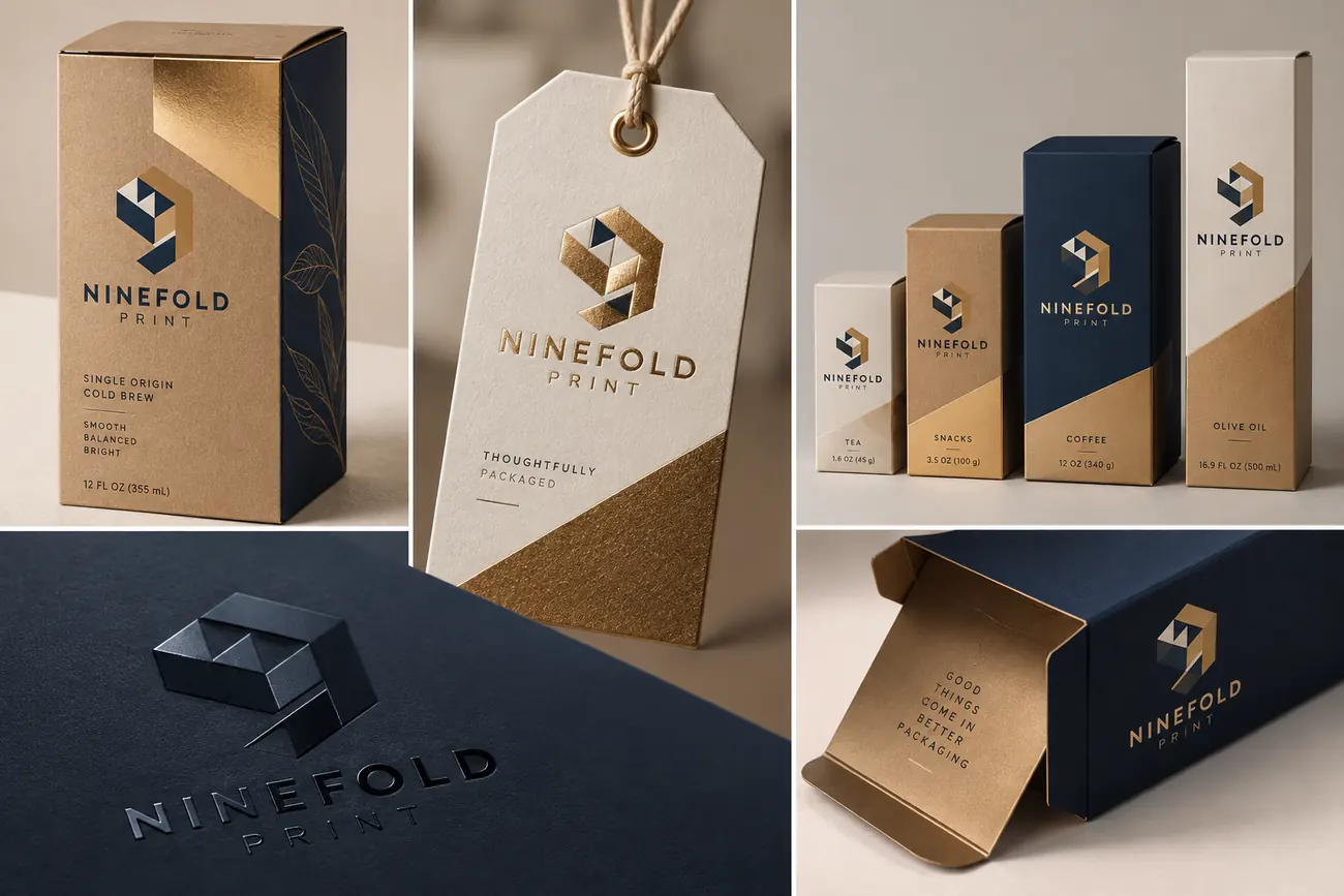 Six packaging pieces including cartons, a foil hang tag, a shipping box and a blind debossed cover